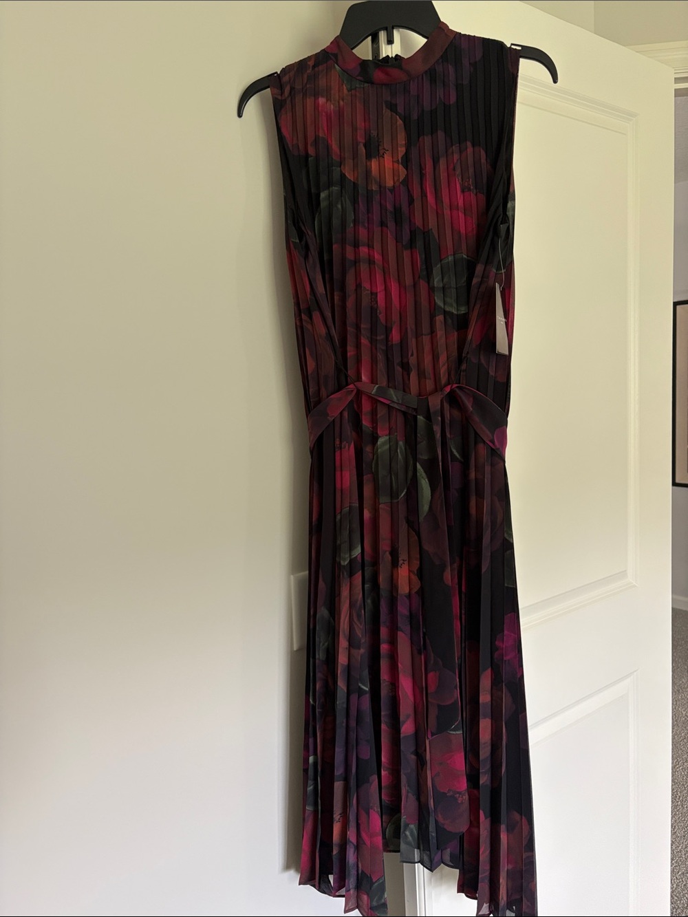 Tahari Black Floral Pleated Midi Dress with Magenta and Burgundy Accents